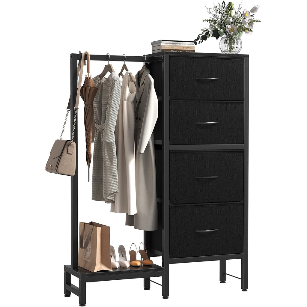 JIOABL 4 Drawer Dresser with Hanging Rack, Steel Frame, Fabric Drawers, Tall Storage Organizer for Bedroom