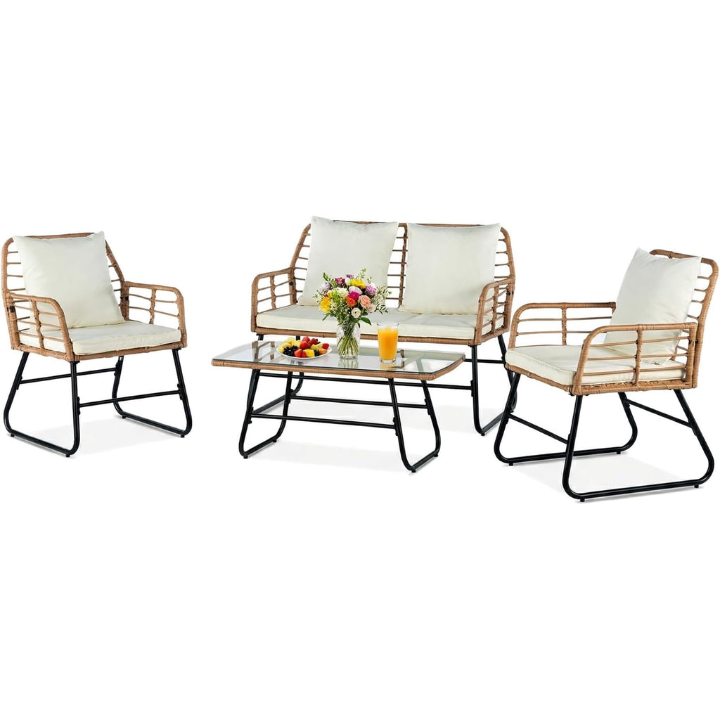 JIOABL Outdoor Bistro Set, Wicker Chairs & Glass Top Table for Patio, Balcony, Porch, Backyard