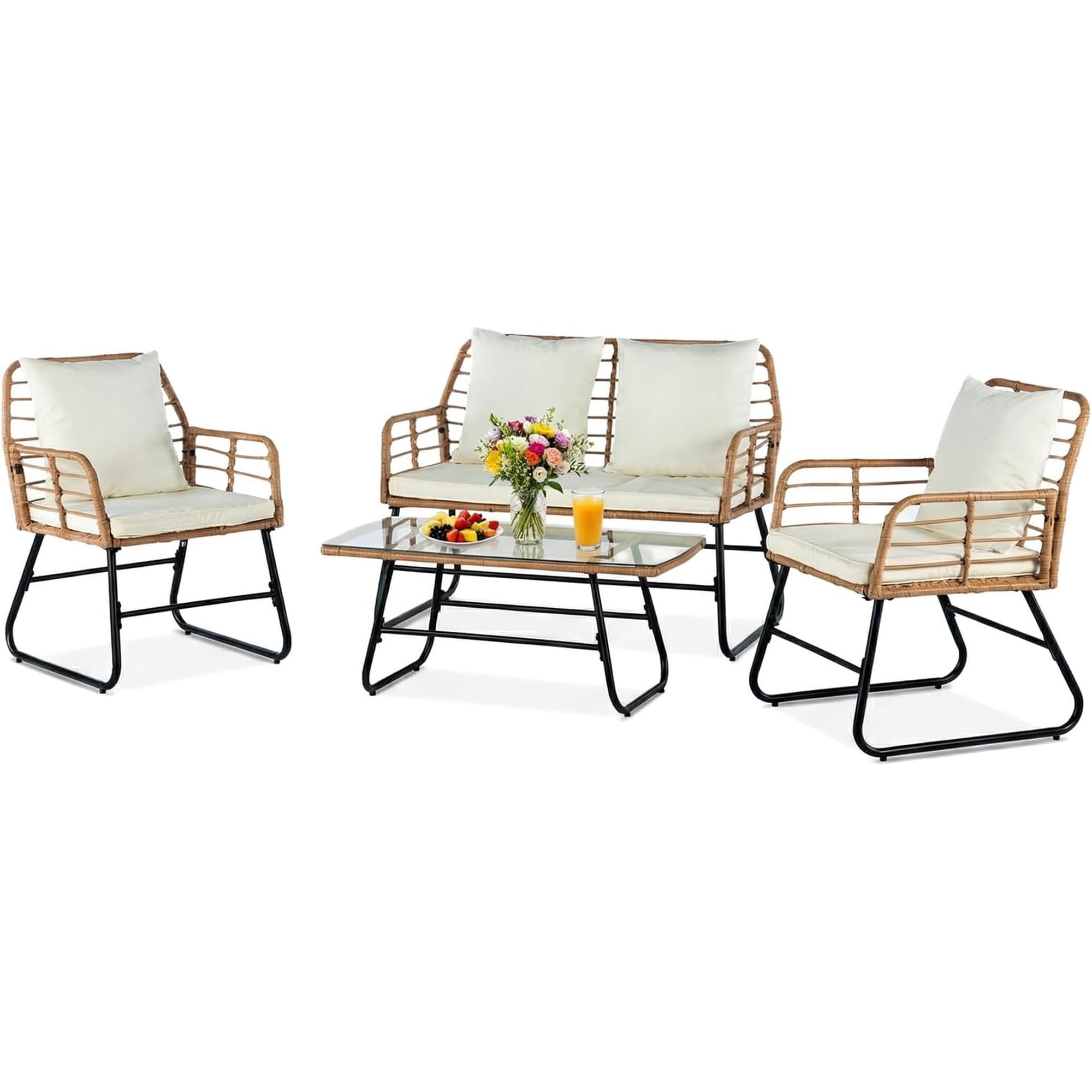 JIOABL Outdoor Bistro Set, Wicker Chairs & Glass Top Table for Patio, Balcony, Porch, Backyard