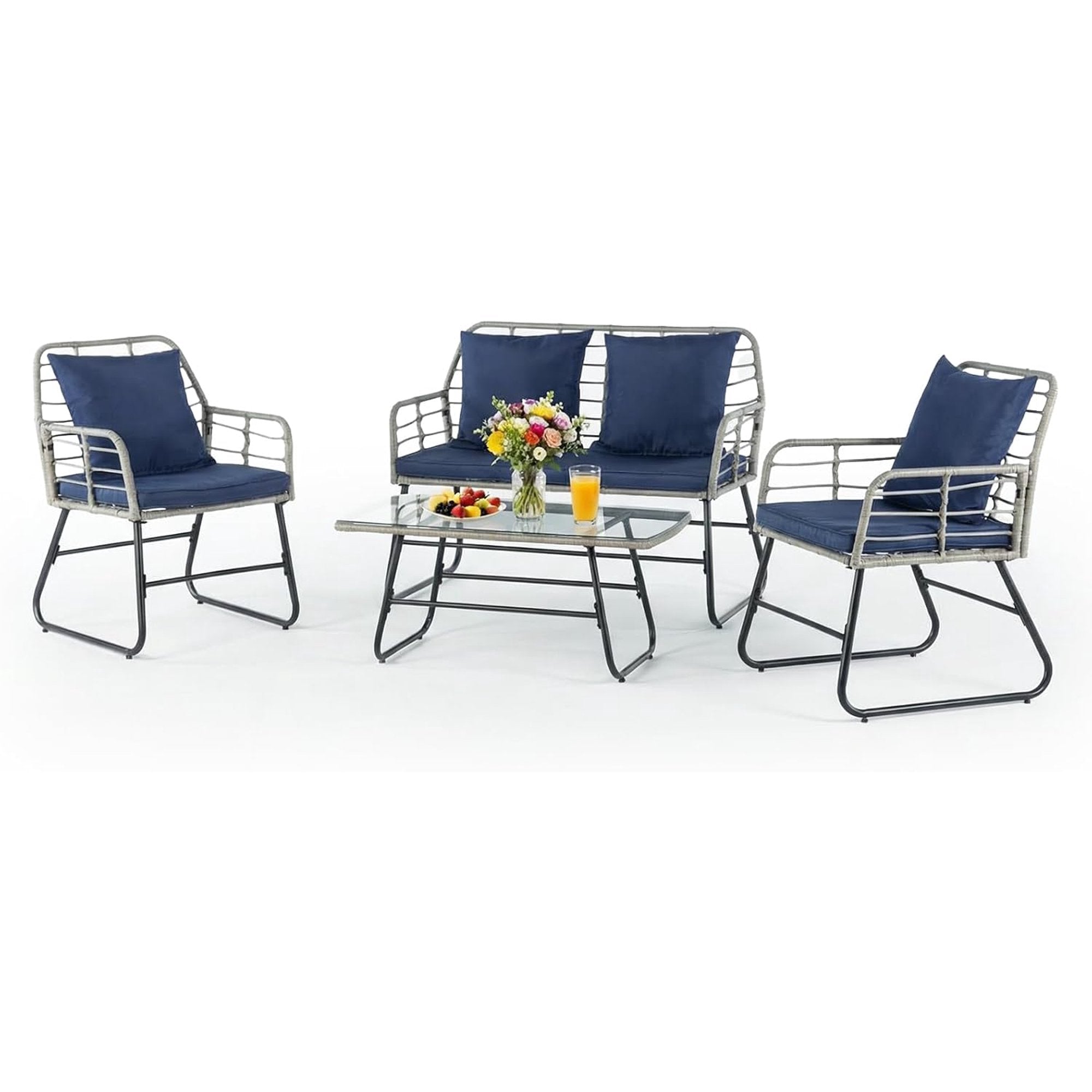 JIOABL Outdoor Bistro Set, Wicker Chairs & Glass Top Table for Patio, Balcony, Porch, Backyard