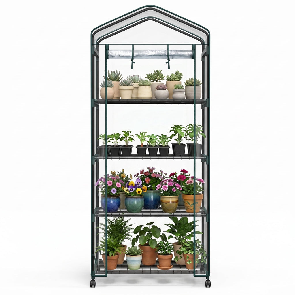 JIOABL 4-Tier Mini Greenhouse with Clear PVC Cover & Wheels, Portable Plant Grow House with Zipper Door, Steel Frame for Indoor & Outdoor Garden, Clear