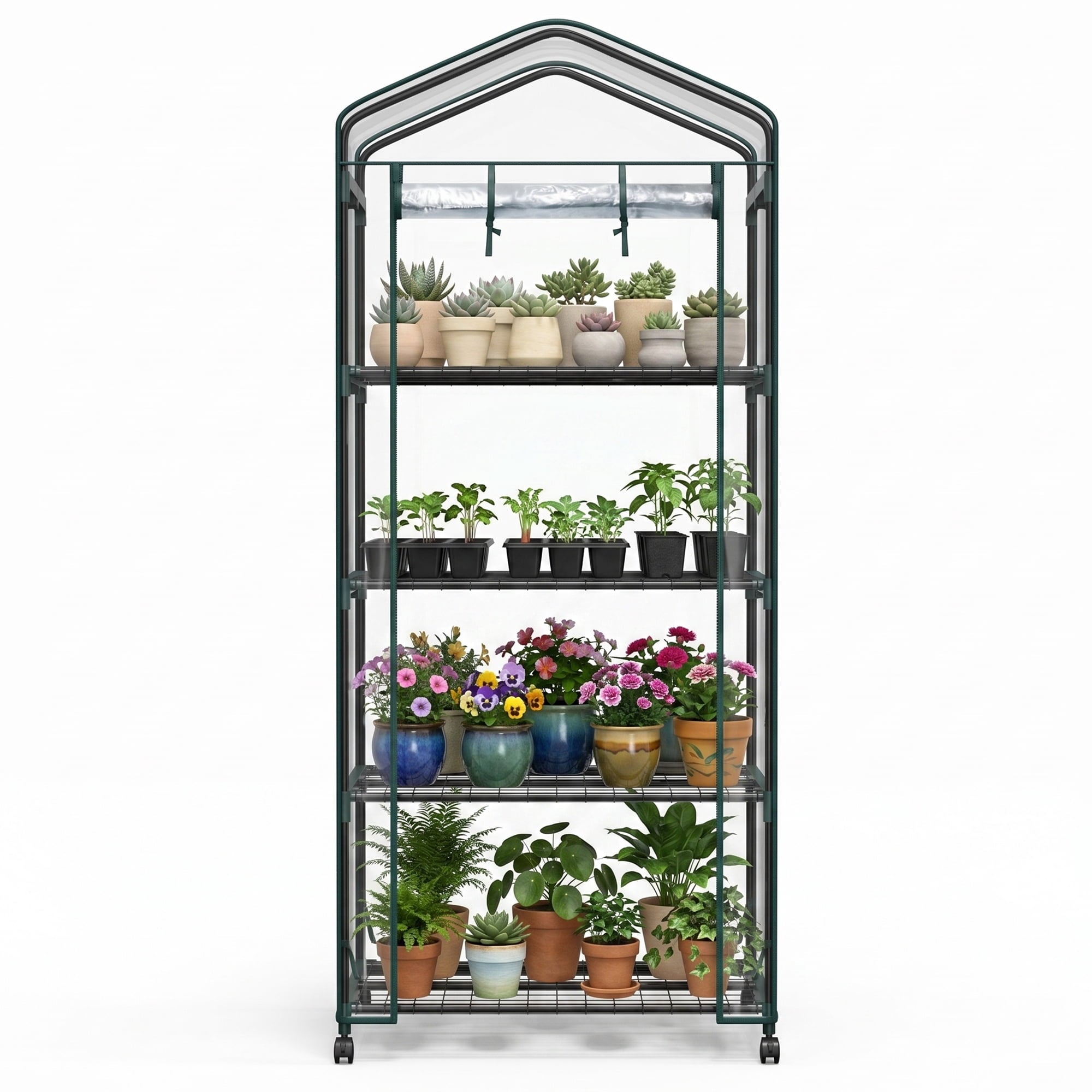 JIOABL 4-Tier Mini Greenhouse with Clear PVC Cover & Wheels, Portable Plant Grow House with Zipper Door, Steel Frame for Indoor & Outdoor Garden, Clear