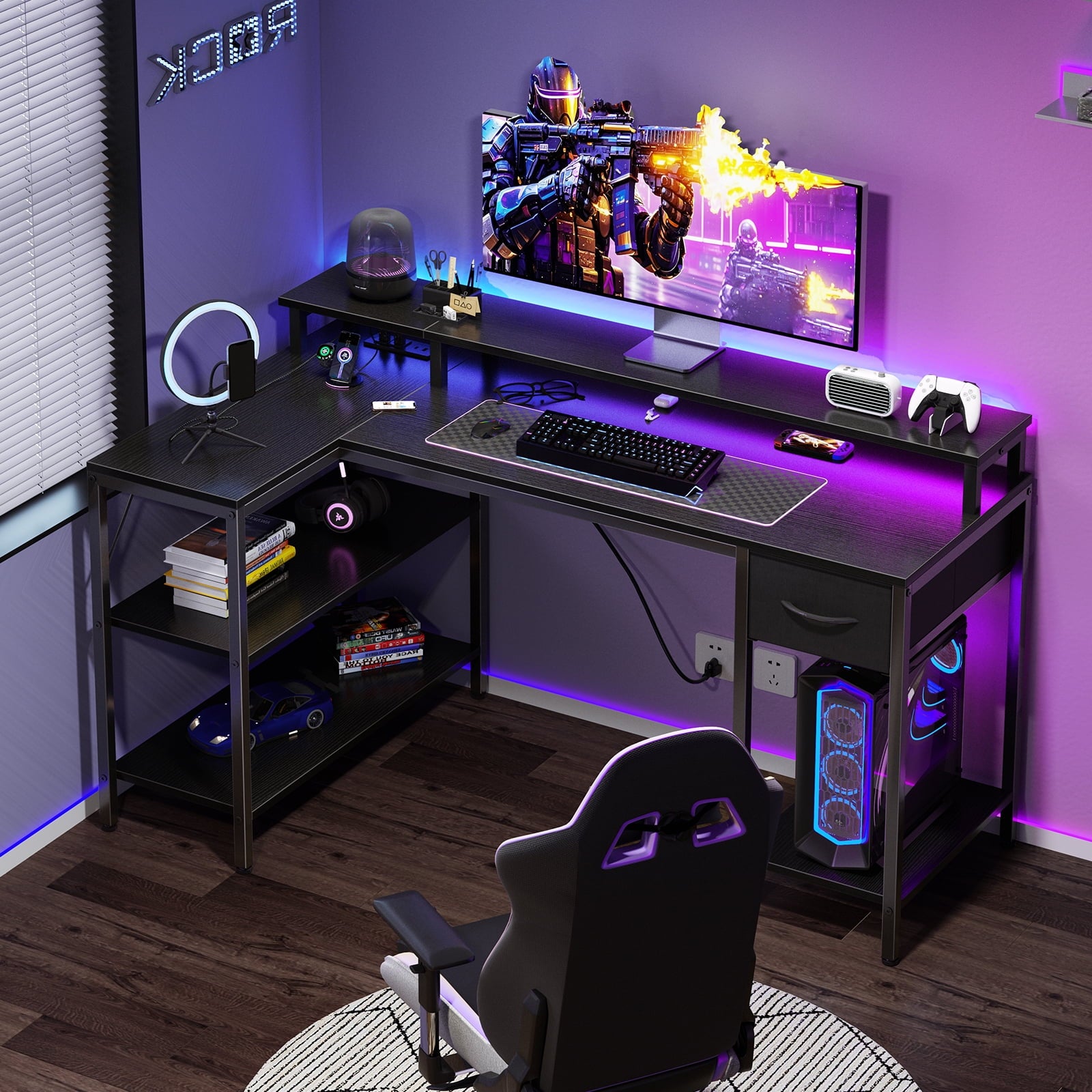 JIOABL L Shaped Computer Gaming Desk with USB Charging Ports & LED Lights, Reversible Corner Table with Power Outlets Monitor Stand for Home Office