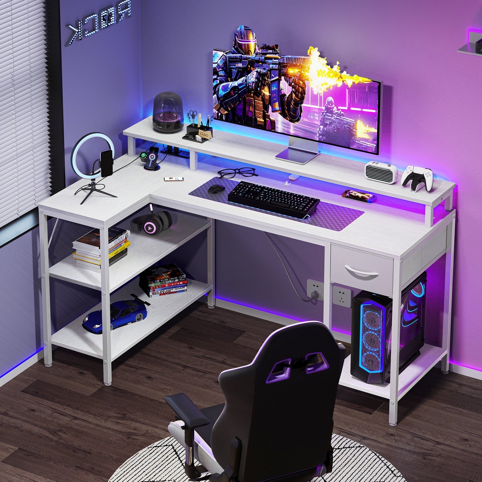JIOABL L Shaped Computer Gaming Desk with USB Charging Ports & LED Lights, Reversible Corner Table with Power Outlets Monitor Stand for Home Office