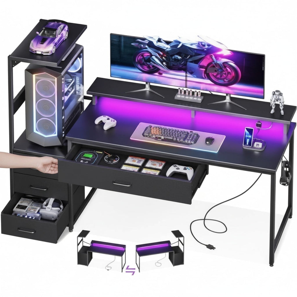 JIOABL Gaming Desk with RGB LED, Built-in Charging Station, Ergonomic Monitor Stand, Storage Drawers, Reversible Shelf, for Teens & Adults
