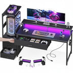 JIOABL Gaming Desk with RGB LED, Built-in Charging Station, Ergonomic Monitor Stand, Storage Drawers, Reversible Shelf, for Teens & Adults