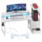 JIOABL Gaming Desk with RGB LED, Built-in Charging Station, Ergonomic Monitor Stand, Storage Drawers, Reversible Shelf, for Teens & Adults