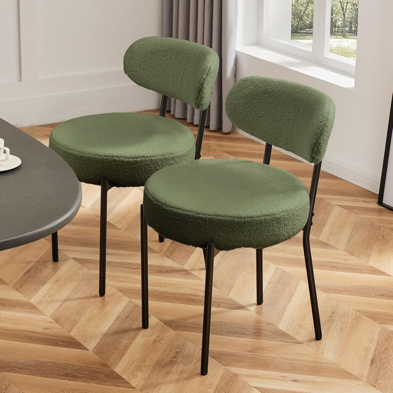 JIOABL Dining Chairs, Boucle Upholstered Kitchen Chairs with Curved Backrest & Metal Legs, Mid Century Modern Round Dining Room Chairs for Vanity, Living Room