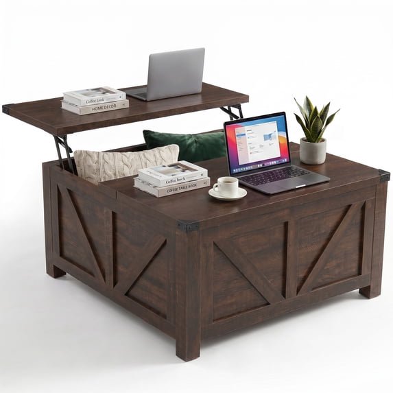 JIOABL Farmhouse Lift Top Coffee Table with Charging Station and Hidden Storage, Square Center Table for Living Room