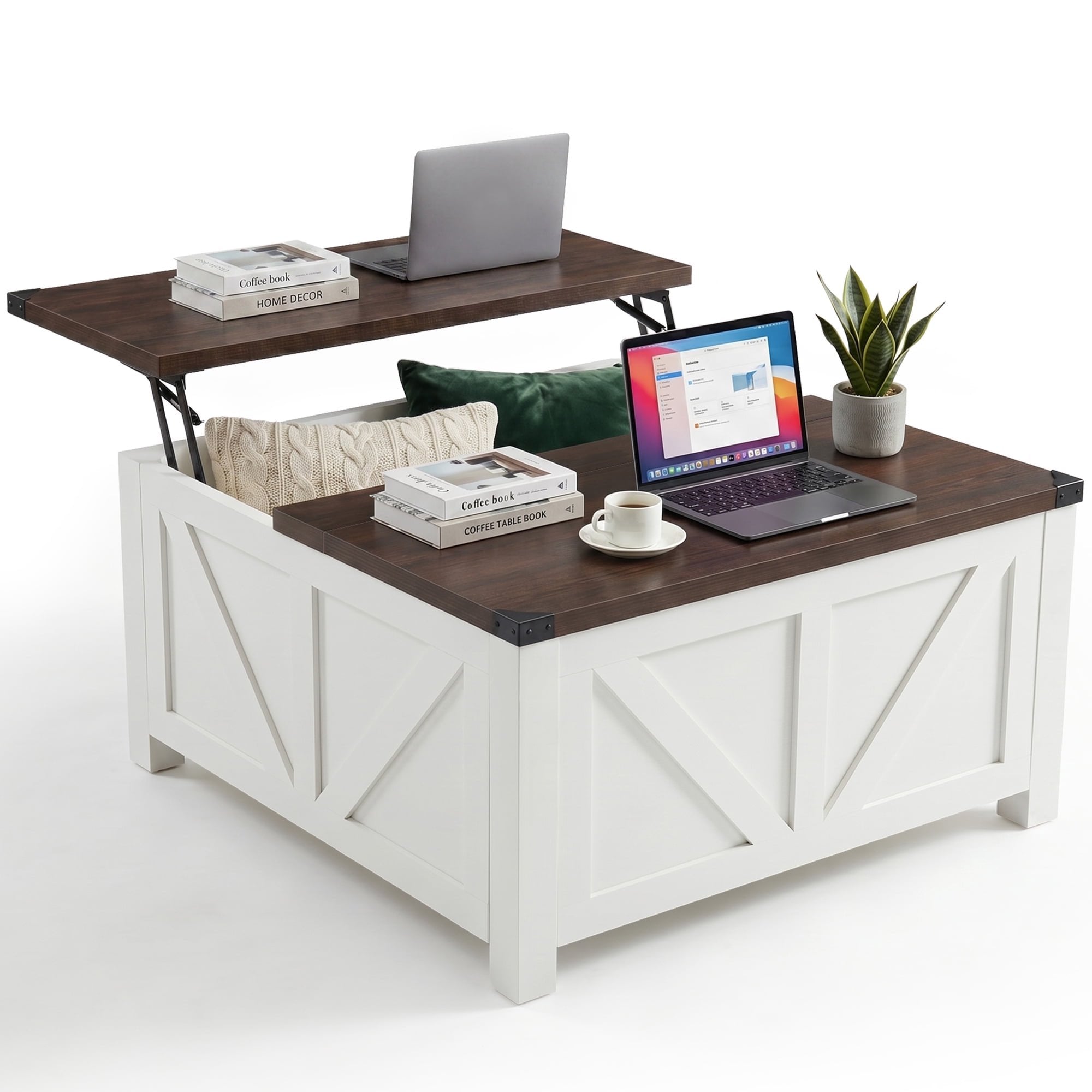JIOABL Farmhouse Lift Top Coffee Table with Charging Station and Hidden Storage, Square Center Table for Living Room