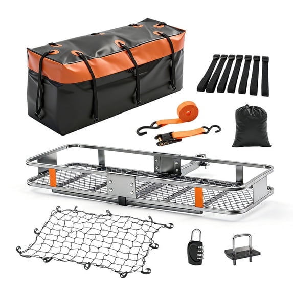 JIOABL Folding Hitch Cargo Carrier Basket for SUVs, Trucks & Vans, 500 lb Capacity with Waterproof Bag, Net, Ratchet Straps, Lock & Stabilizer