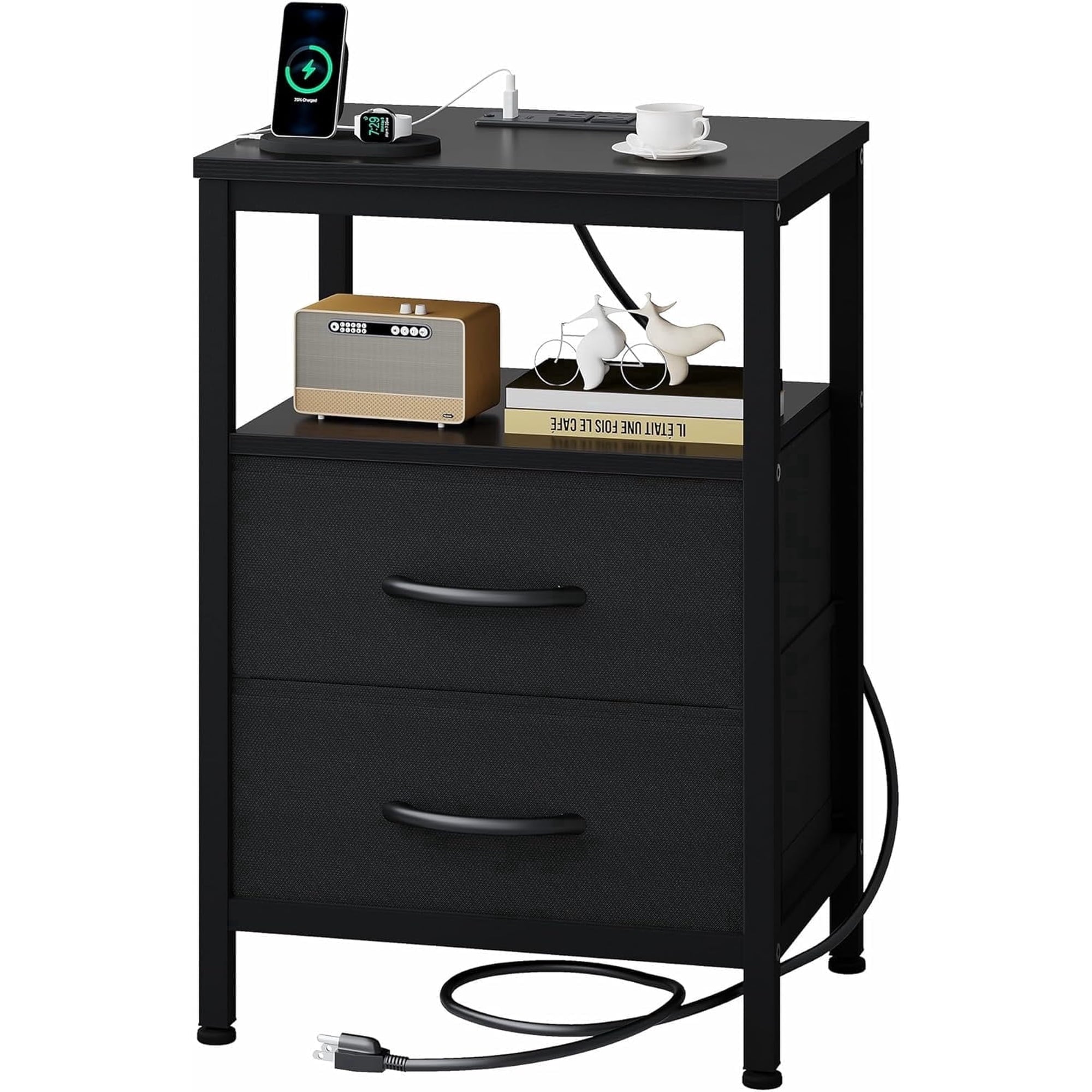 JIOABL Nightstand with USB & Type-C Charging, Fabric Drawers, Metal Frame