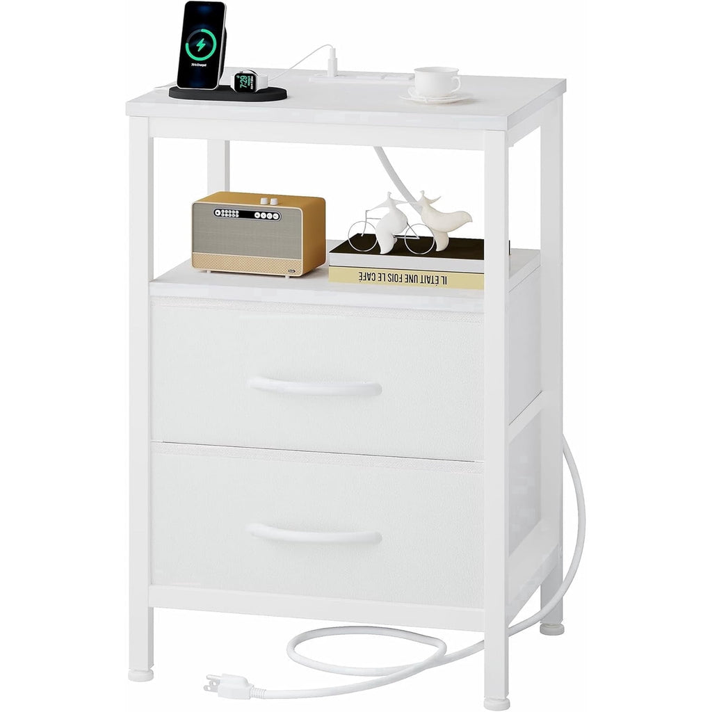 JIOABL Nightstand with USB & Type-C Charging, Fabric Drawers, Metal Frame