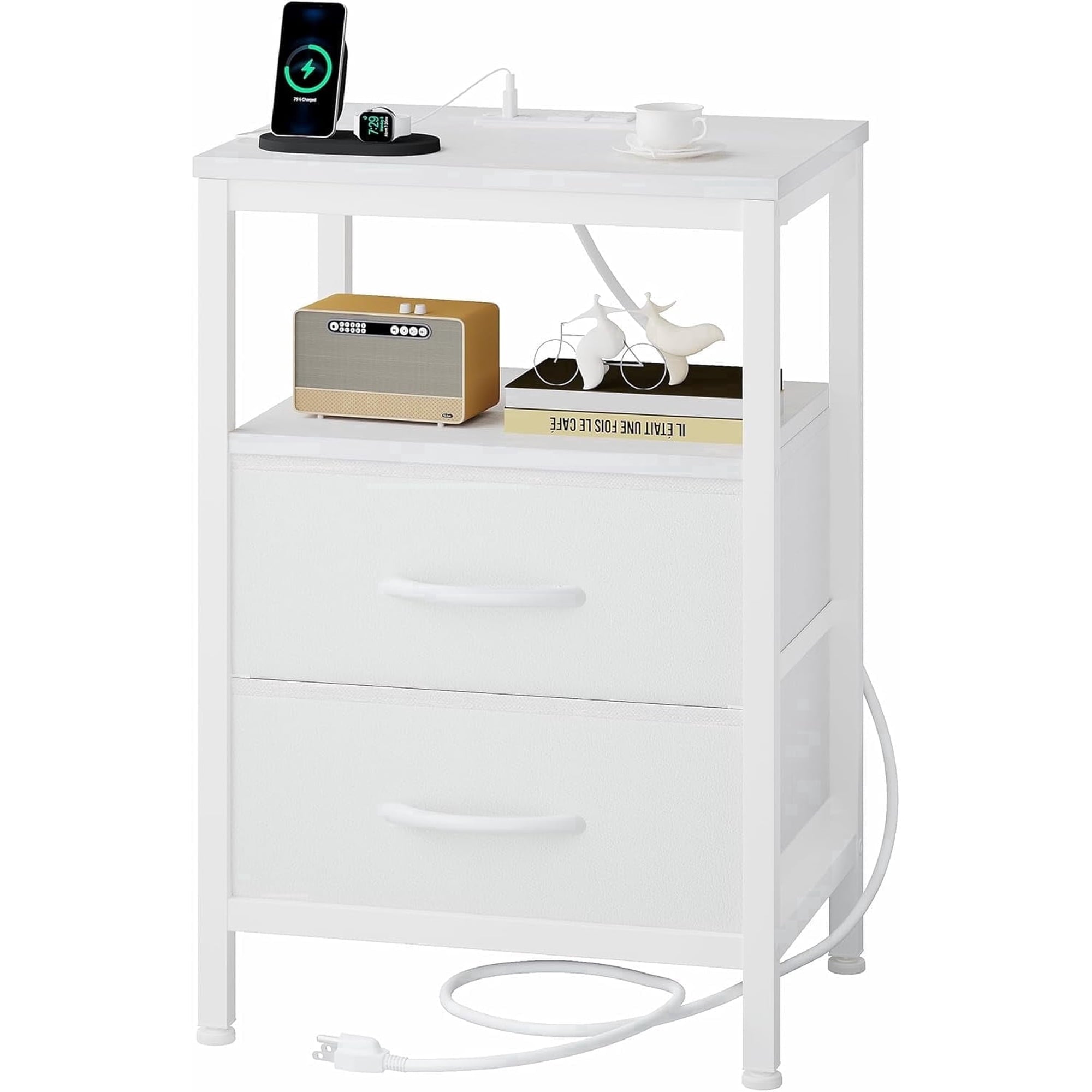 JIOABL Nightstand with USB & Type-C Charging, Fabric Drawers, Metal Frame