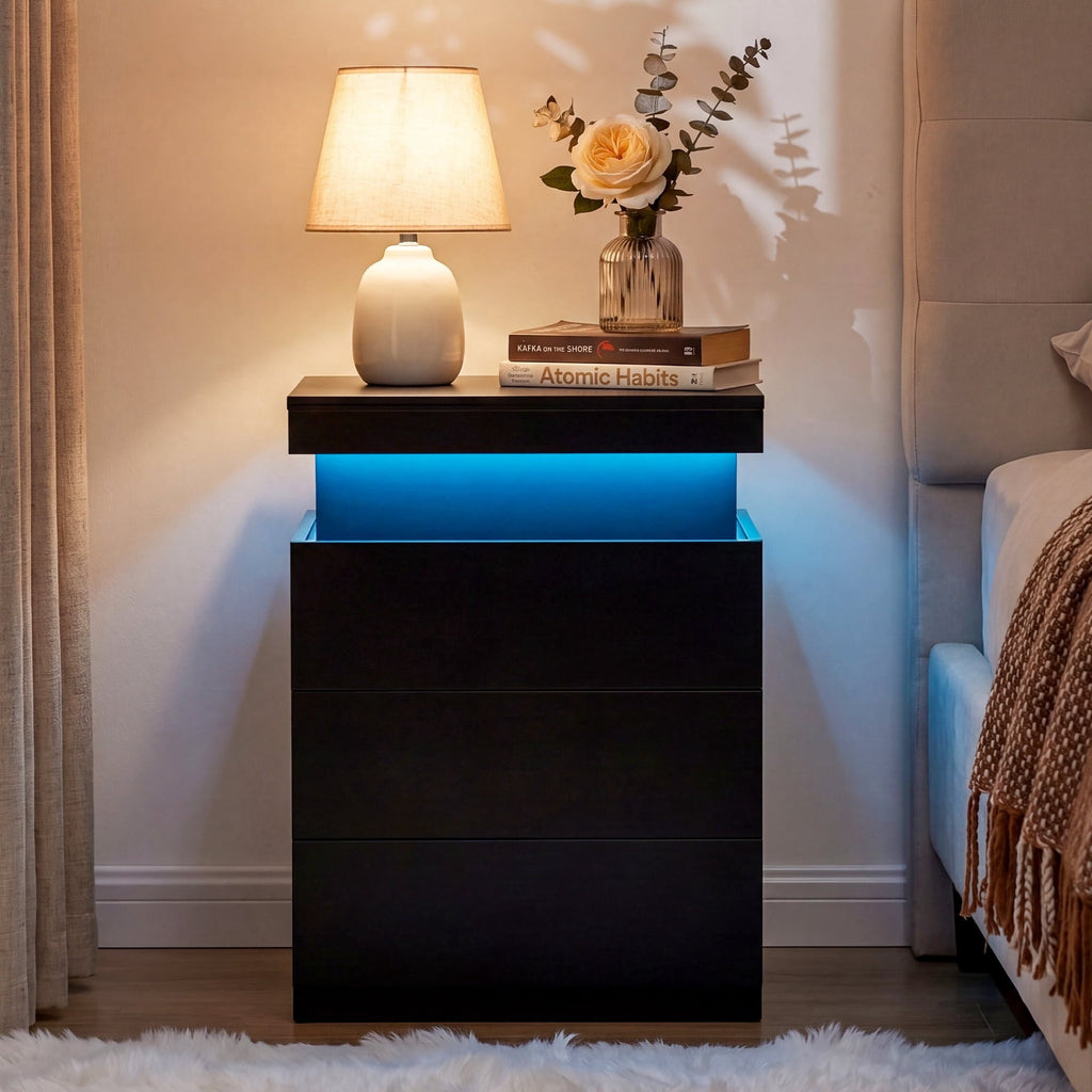 JIOABL Nightstand with Charging Station and RGB LED Light, 3 Drawers, Sliding Top, Bedside Table for Bedroom, Living Room and Dorm