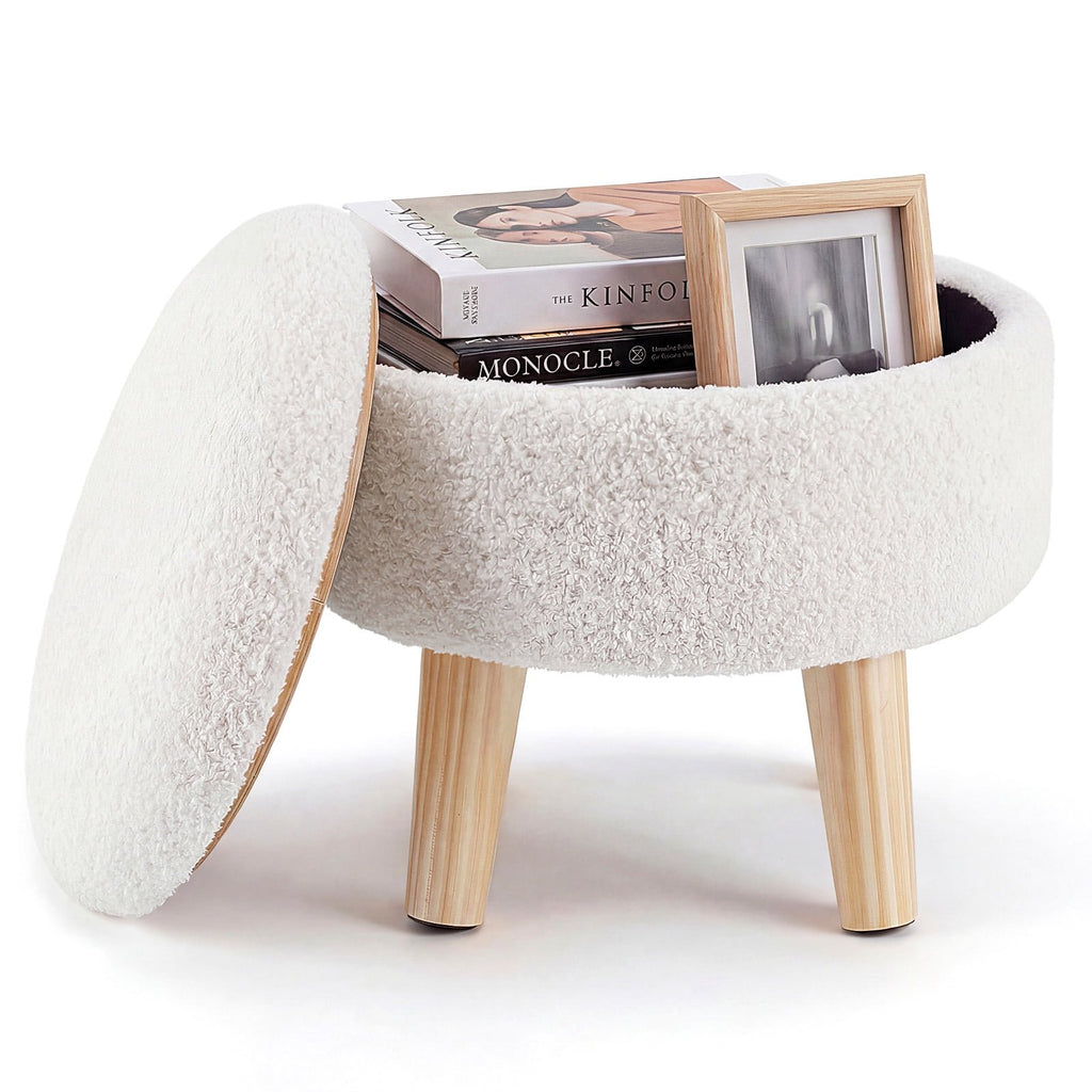 JIOABL Ottoman with Storage, 350lbs Capacity, Soft Teddy Fabric, Round Footrest, Wooden Legs, for Living Room & Bedroom