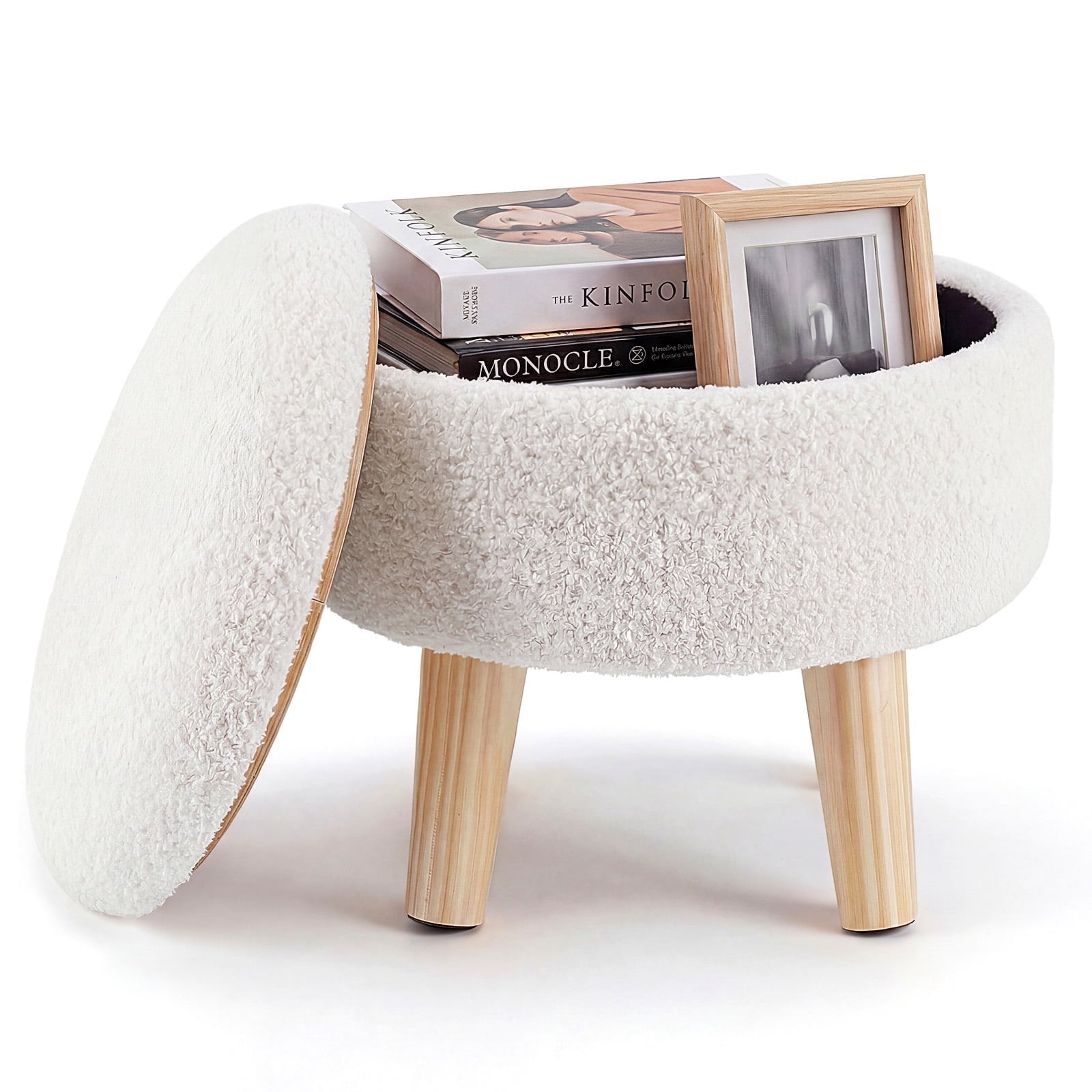 JIOABL Ottoman with Storage, 350lbs Capacity, Soft Teddy Fabric, Round Footrest, Wooden Legs, for Living Room & Bedroom