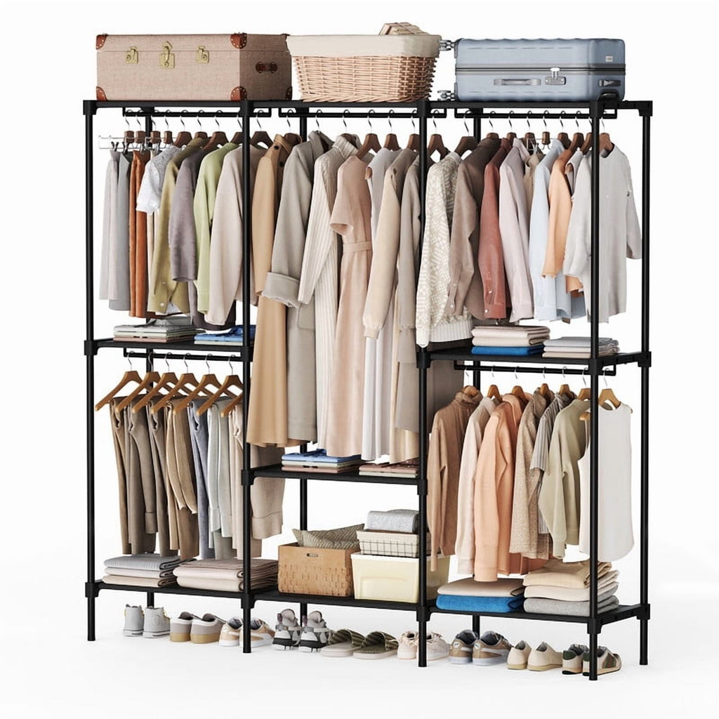 JIOABL Portable Clothes Rack with Shelves, Freestanding Closet Organizer with Hanging Rods for Bedroom, Entryway