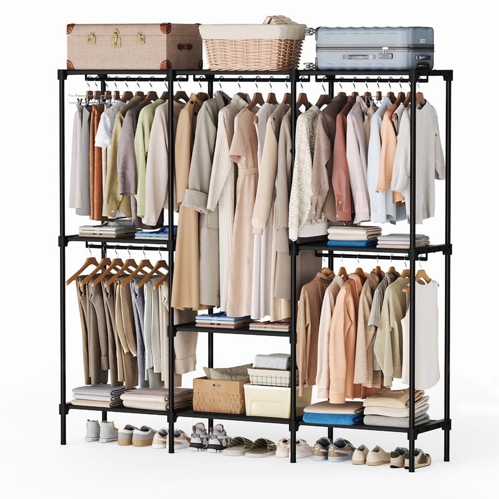 JIOABL Portable Clothes Rack with Shelves, Freestanding Closet Organizer with Hanging Rods for Bedroom, Entryway