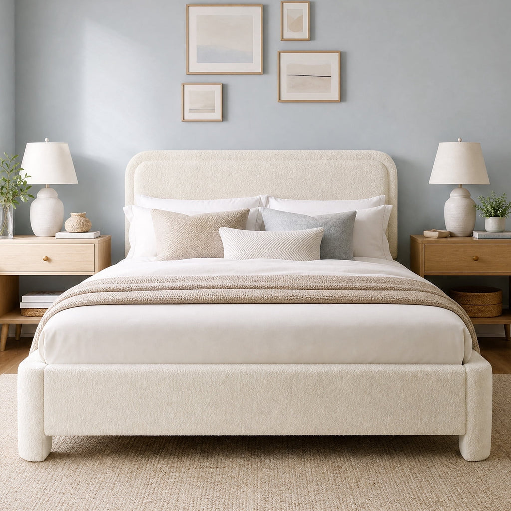 JIOABL Upholstered Platform Bed Frame with Adjustable Headboard, Teddy Fleece Fabric, No Box Spring Needed, White