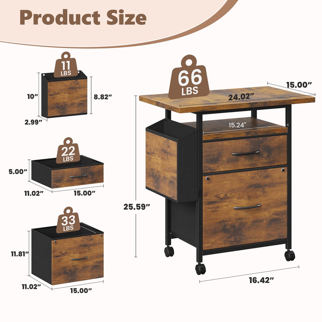 JIOABL Rolling Printer Stand with 2 Fabric Drawers, Storage Shelf, Side Organizer Bag and Lockable Wheels for Home Office