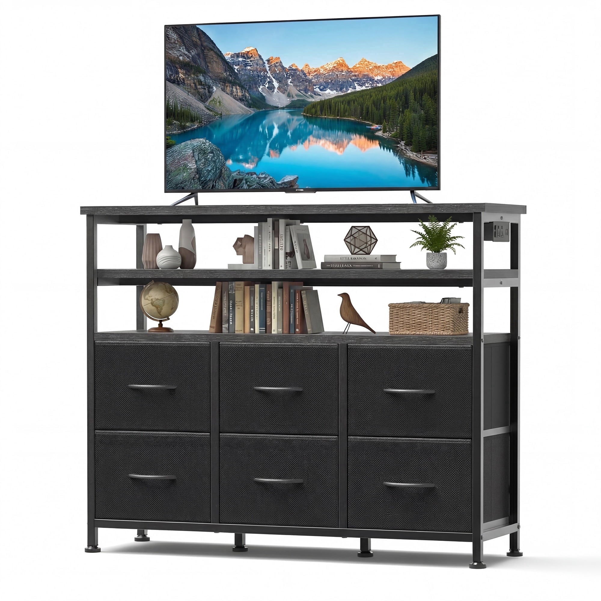 JIOABL TV Stand with  Fabric Drawers & Power Outlet, LED TV Console with USB & Type-C, Storage Dresser for Living Room
