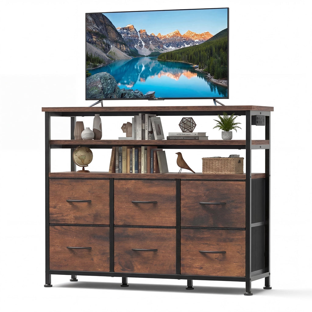 JIOABL TV Stand with  Fabric Drawers & Power Outlet, LED TV Console with USB & Type-C, Storage Dresser for Living Room