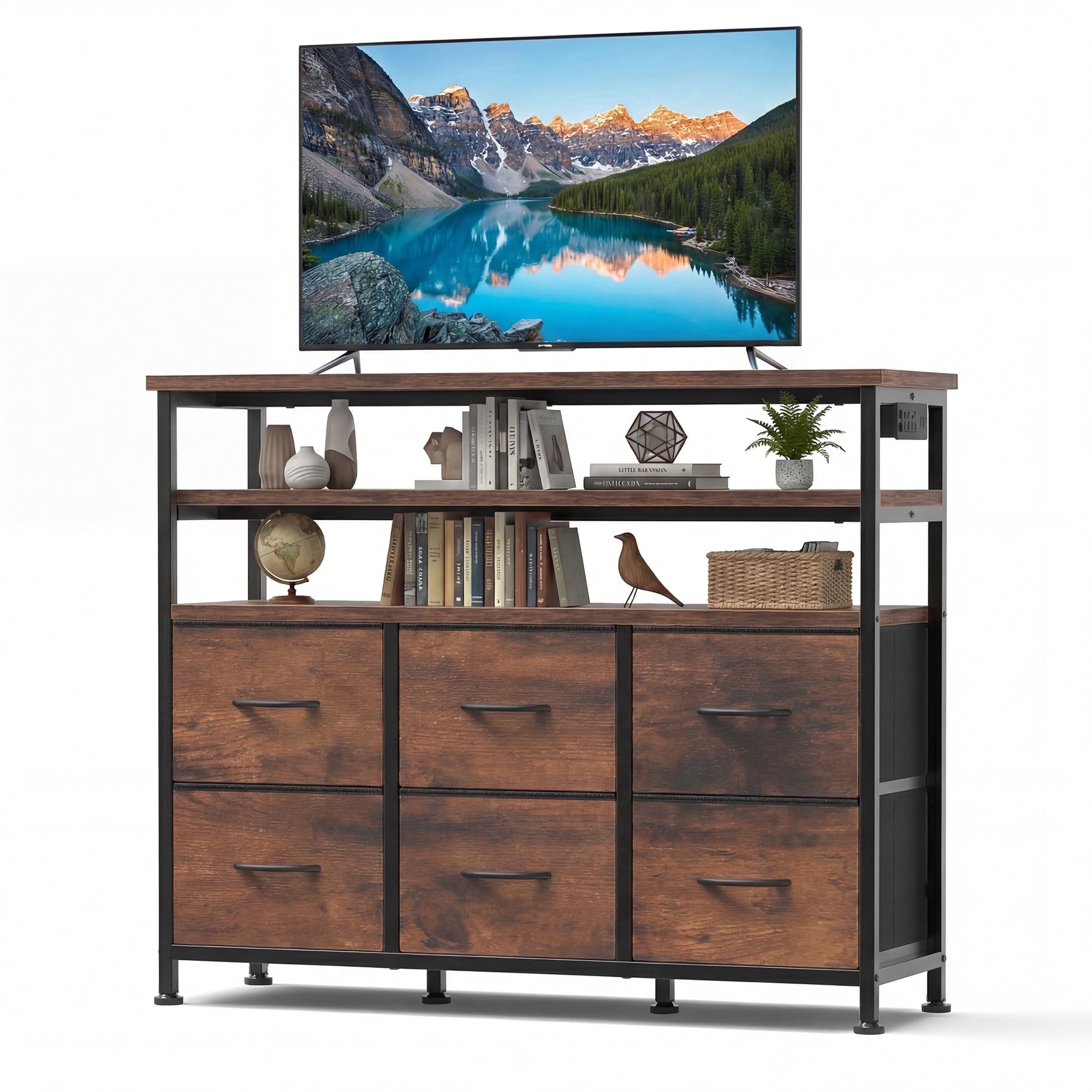 JIOABL TV Stand with  Fabric Drawers & Power Outlet, LED TV Console with USB & Type-C, Storage Dresser for Living Room
