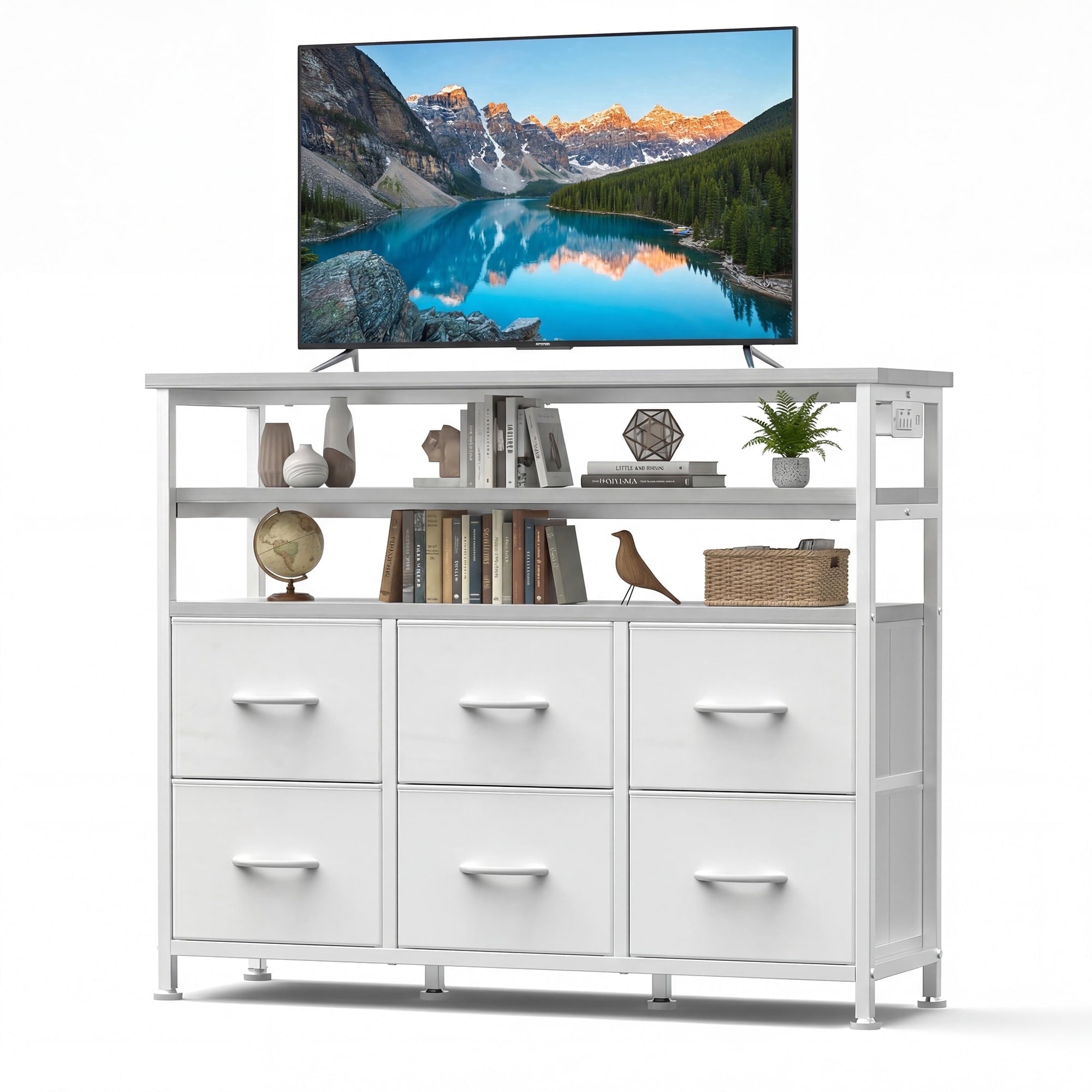 JIOABL TV Stand with  Fabric Drawers & Power Outlet, LED TV Console with USB & Type-C, Storage Dresser for Living Room