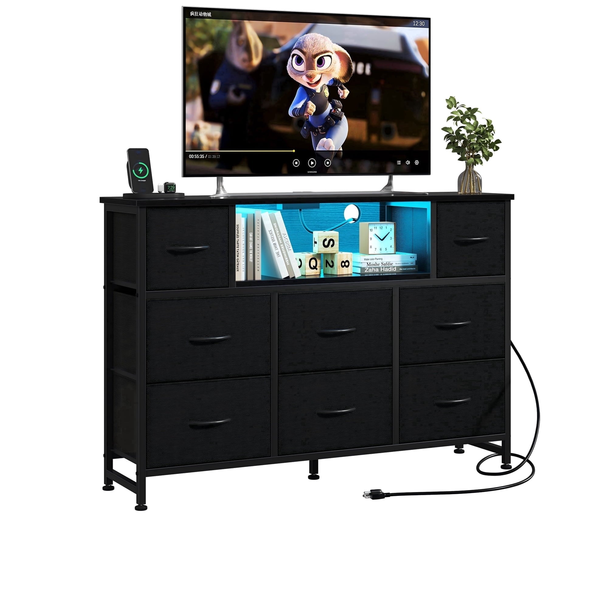 JIOABL TV Stand with  Fabric Drawers & Power Outlet, LED TV Console with USB & Type-C, Storage Dresser for Living Room