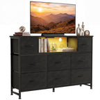 JIOABL TV Stand with 8 Fabric Drawers & Power Outlet, LED TV Console with USB & Type-C, Storage Dresser for Living Room
