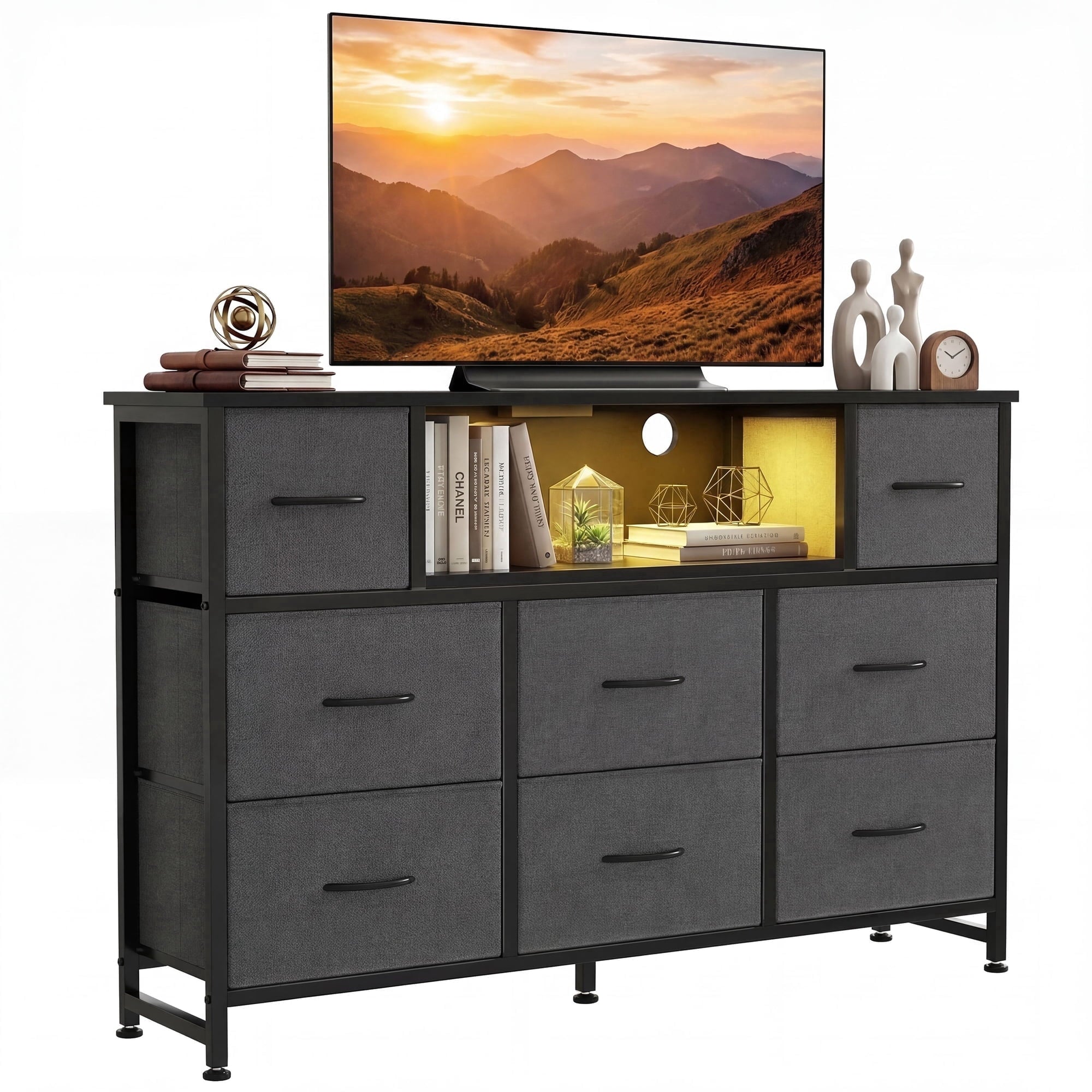 JIOABL TV Stand with 8 Fabric Drawers & Power Outlet, LED TV Console with USB & Type-C, Storage Dresser for Living Room