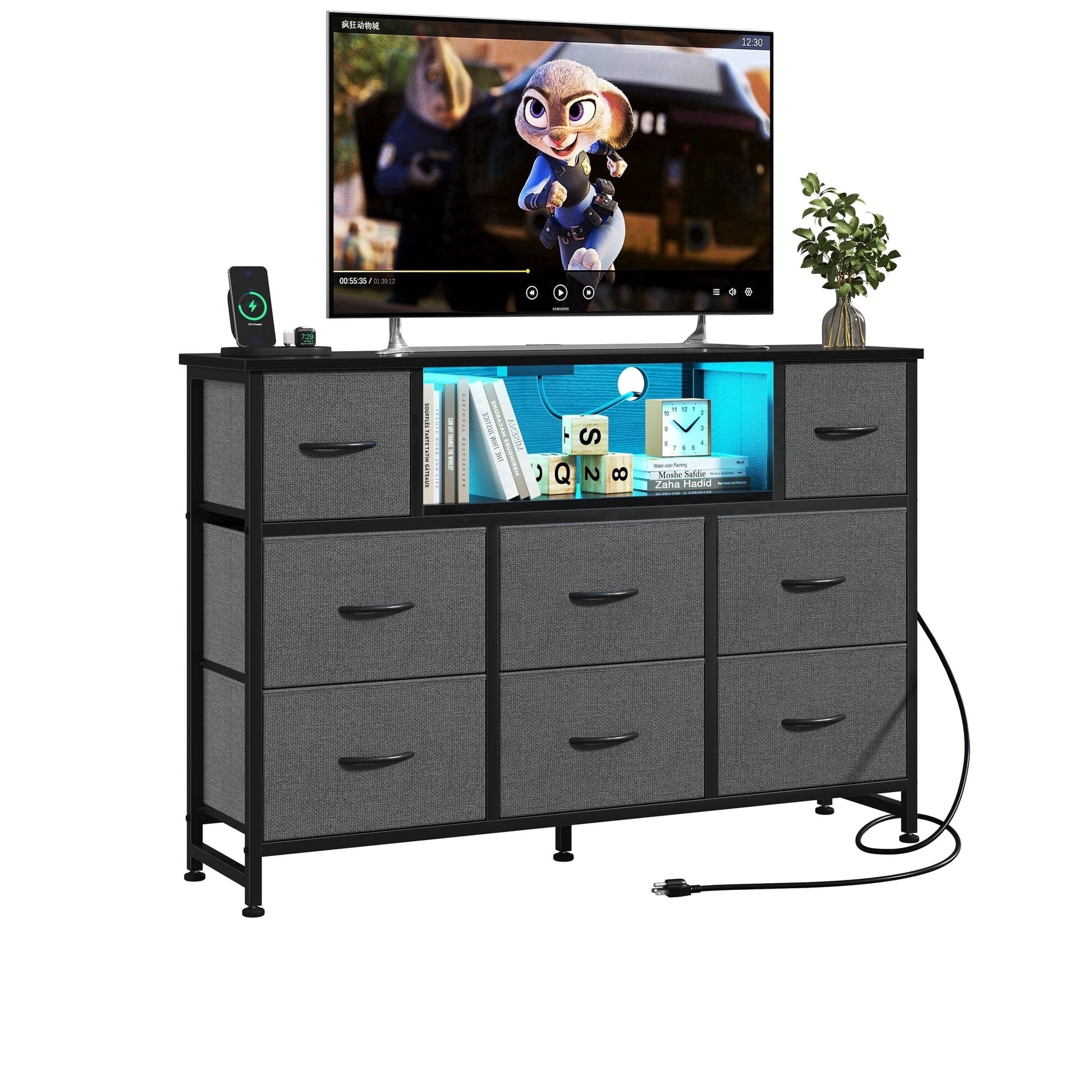 JIOABL TV Stand with  Fabric Drawers & Power Outlet, LED TV Console with USB & Type-C, Storage Dresser for Living Room
