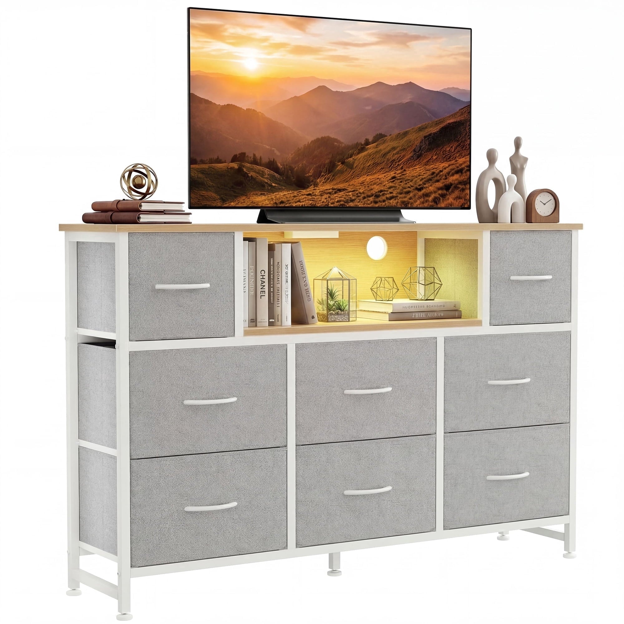 JIOABL TV Stand with 8 Fabric Drawers & Power Outlet, LED TV Console with USB & Type-C, Storage Dresser for Living Room
