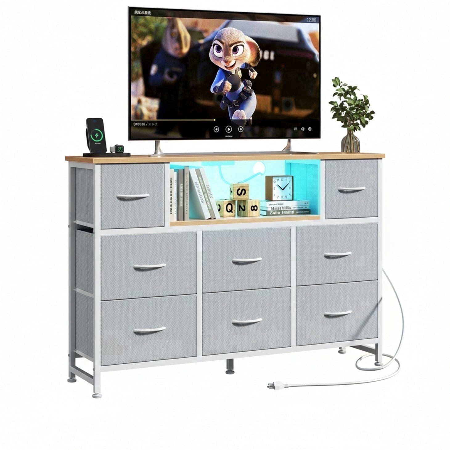 JIOABL TV Stand with  Fabric Drawers & Power Outlet, LED TV Console with USB & Type-C, Storage Dresser for Living Room