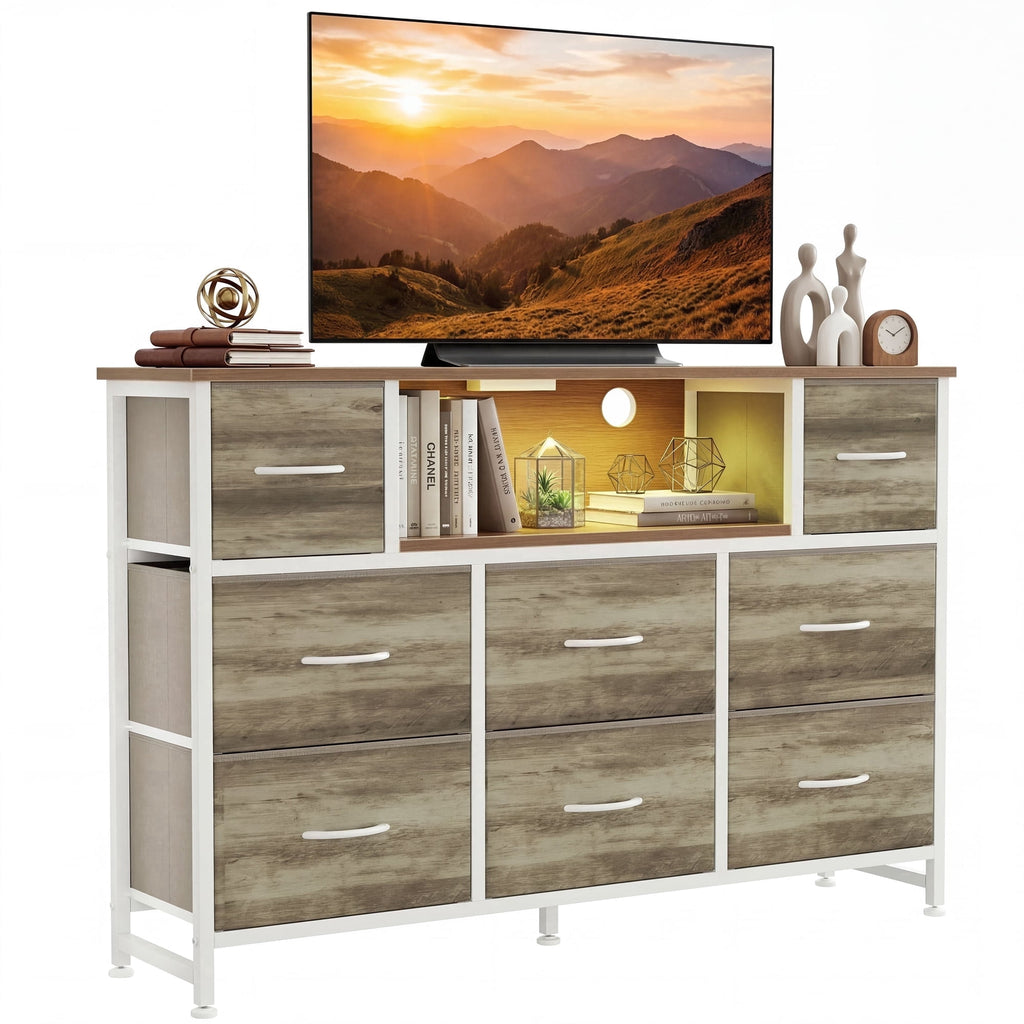 JIOABL TV Stand with 8 Fabric Drawers & Power Outlet, LED TV Console with USB & Type-C, Storage Dresser for Living Room