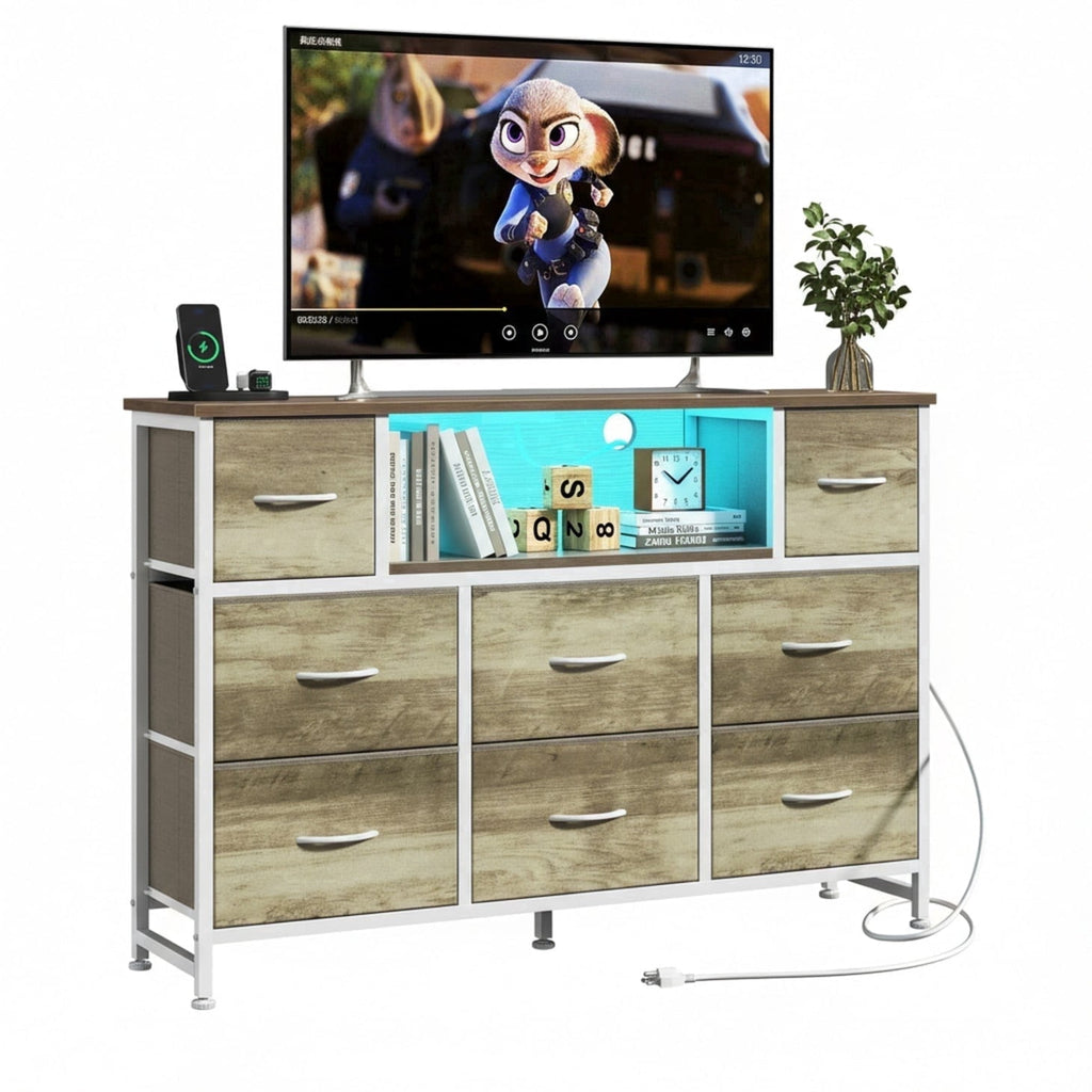 JIOABL TV Stand with  Fabric Drawers & Power Outlet, LED TV Console with USB & Type-C, Storage Dresser for Living Room