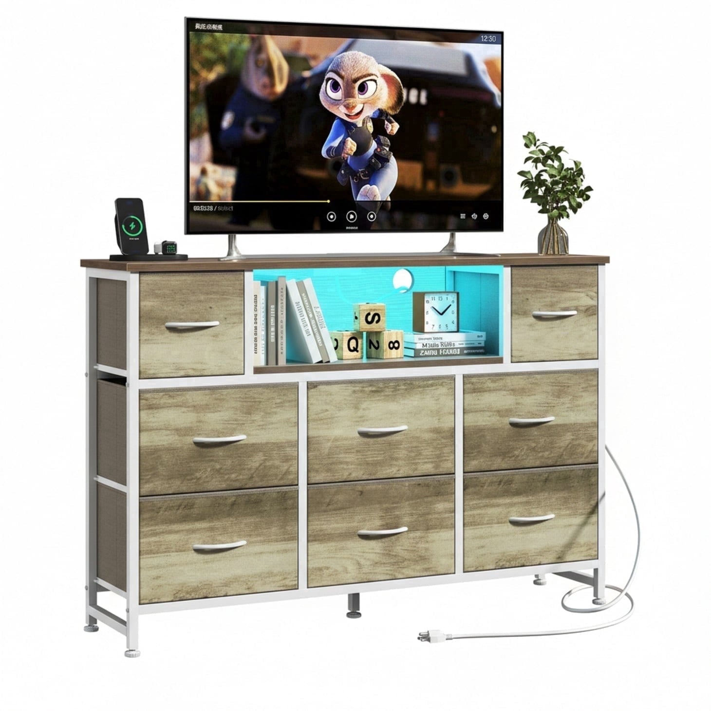 JIOABL TV Stand with  Fabric Drawers & Power Outlet, LED TV Console with USB & Type-C, Storage Dresser for Living Room