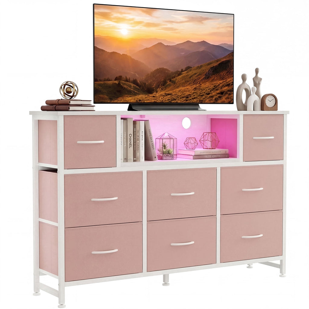 JIOABL TV Stand with 8 Fabric Drawers & Power Outlet, LED TV Console with USB & Type-C, Storage Dresser for Living Room