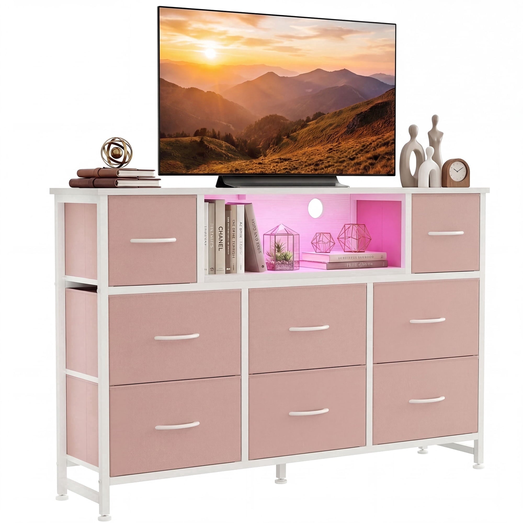 JIOABL TV Stand with 8 Fabric Drawers & Power Outlet, LED TV Console with USB & Type-C, Storage Dresser for Living Room