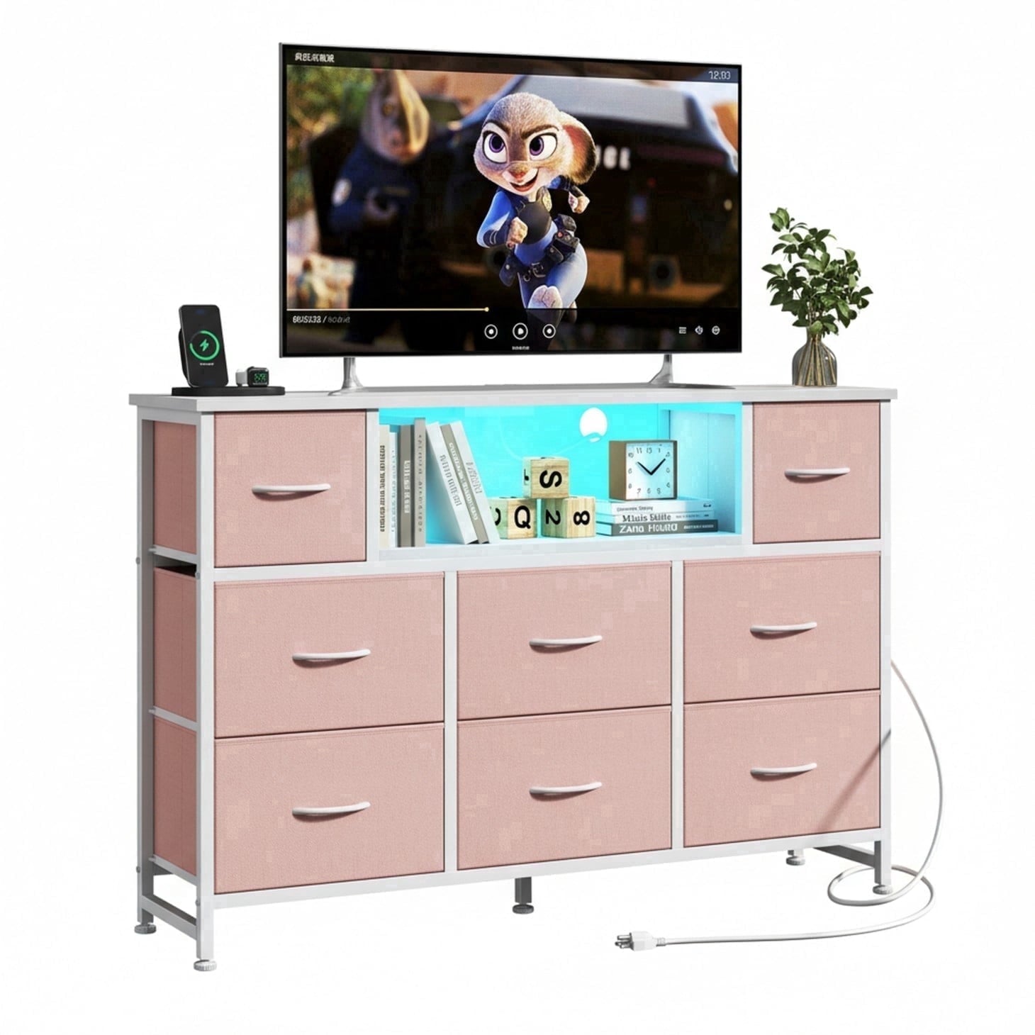 JIOABL TV Stand with  Fabric Drawers & Power Outlet, LED TV Console with USB & Type-C, Storage Dresser for Living Room