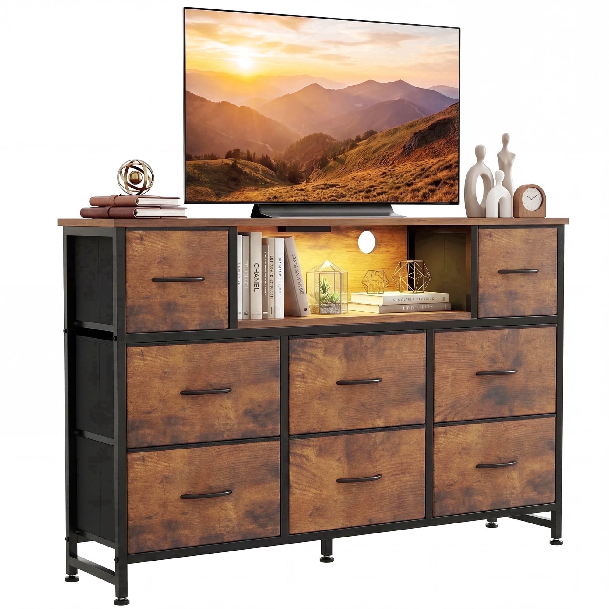JIOABL TV Stand with 8 Fabric Drawers & Power Outlet, LED TV Console with USB & Type-C, Storage Dresser for Living Room
