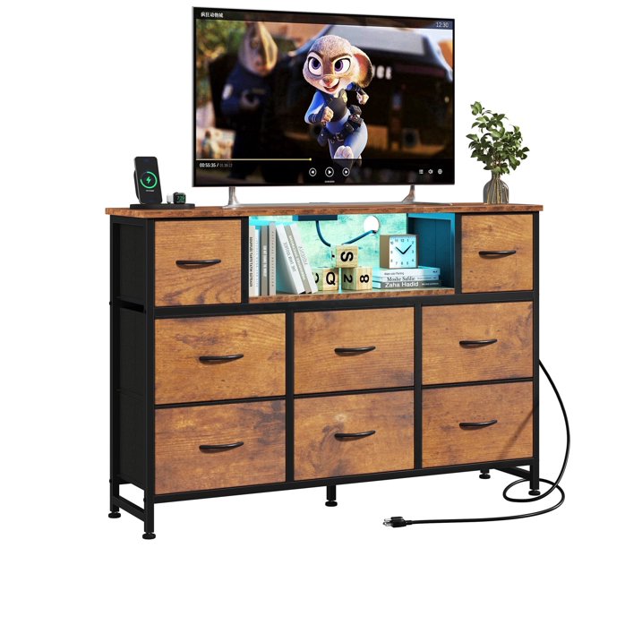 JIOABL TV Stand with  Fabric Drawers & Power Outlet, LED TV Console with USB & Type-C, Storage Dresser for Living Room