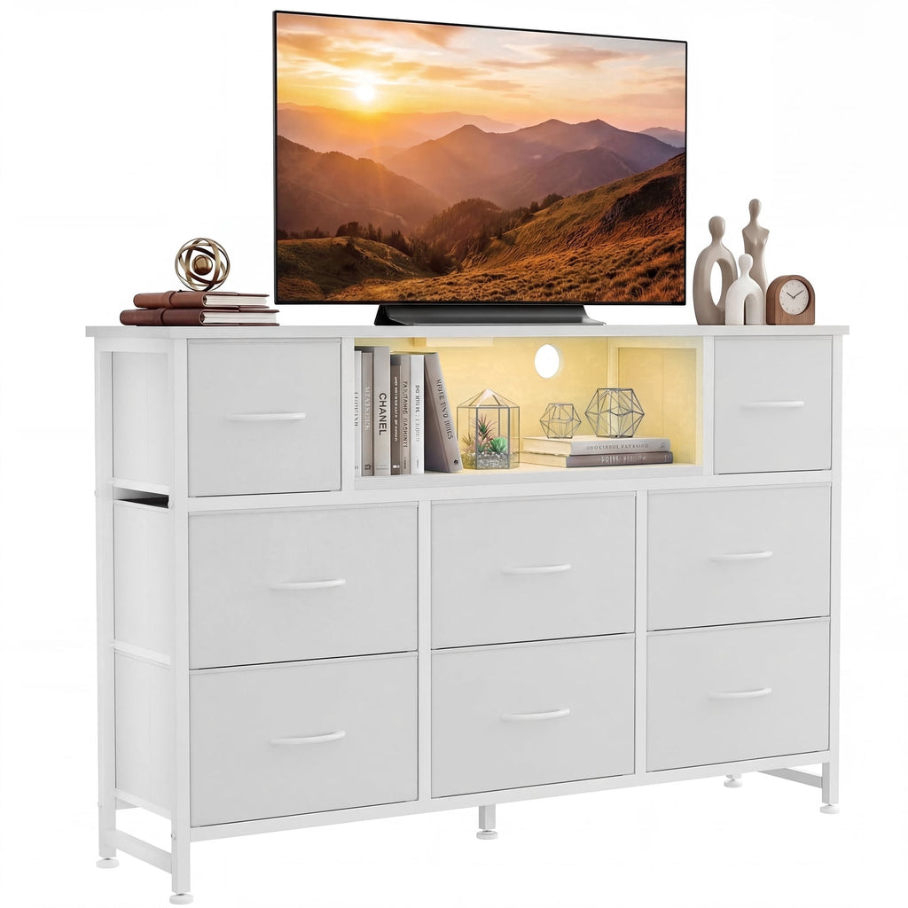 JIOABL TV Stand with 8 Fabric Drawers & Power Outlet, LED TV Console with USB & Type-C, Storage Dresser for Living Room