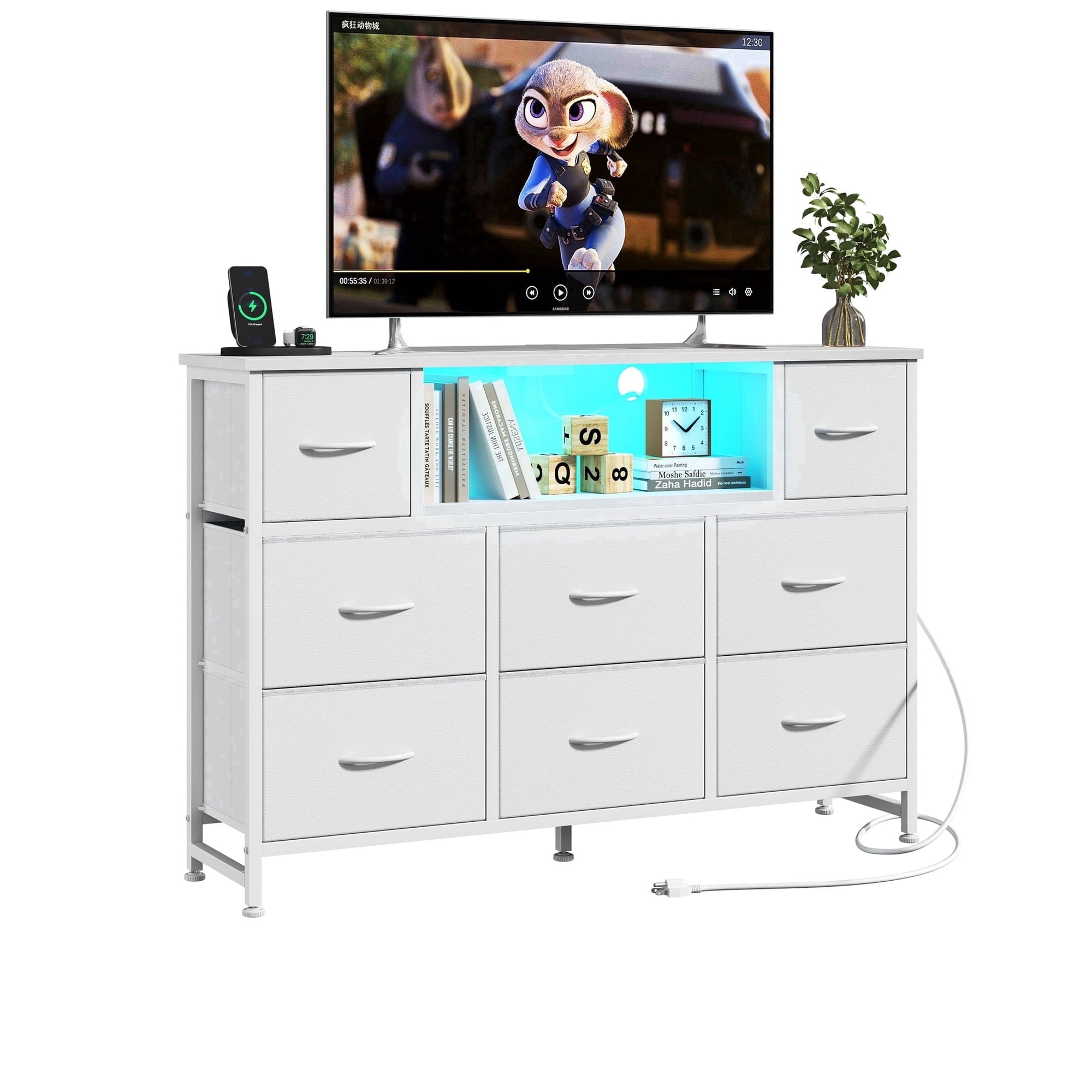 JIOABL TV Stand with  Fabric Drawers & Power Outlet, LED TV Console with USB & Type-C, Storage Dresser for Living Room
