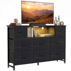 JIOABL TV Stand with 8 Fabric Drawers & Power Outlet, LED TV Console with USB & Type-C, Storage Dresser for Living Room