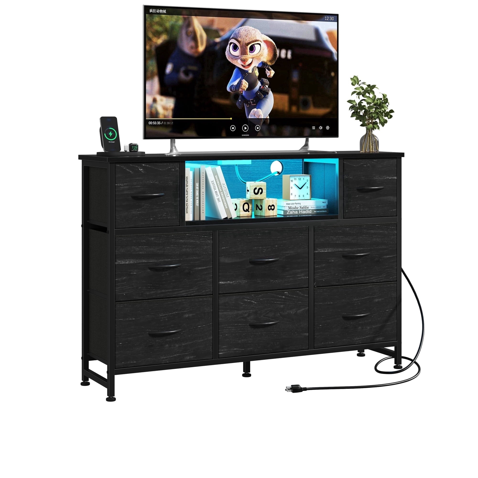 JIOABL TV Stand with  Fabric Drawers & Power Outlet, LED TV Console with USB & Type-C, Storage Dresser for Living Room