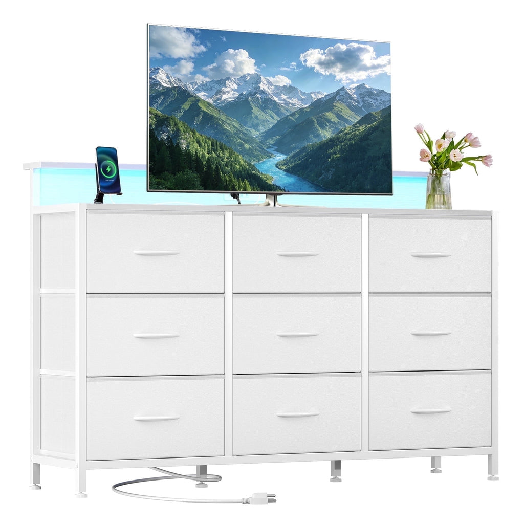 JIOABL TV Stand with  Fabric Drawers & Power Outlet, LED TV Console with USB & Type-C, Storage Dresser for Living Room