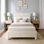JIOABL Upholstered Platform Bed Frame with Adjustable Headboard, Teddy Fleece Fabric, No Box Spring Needed, White