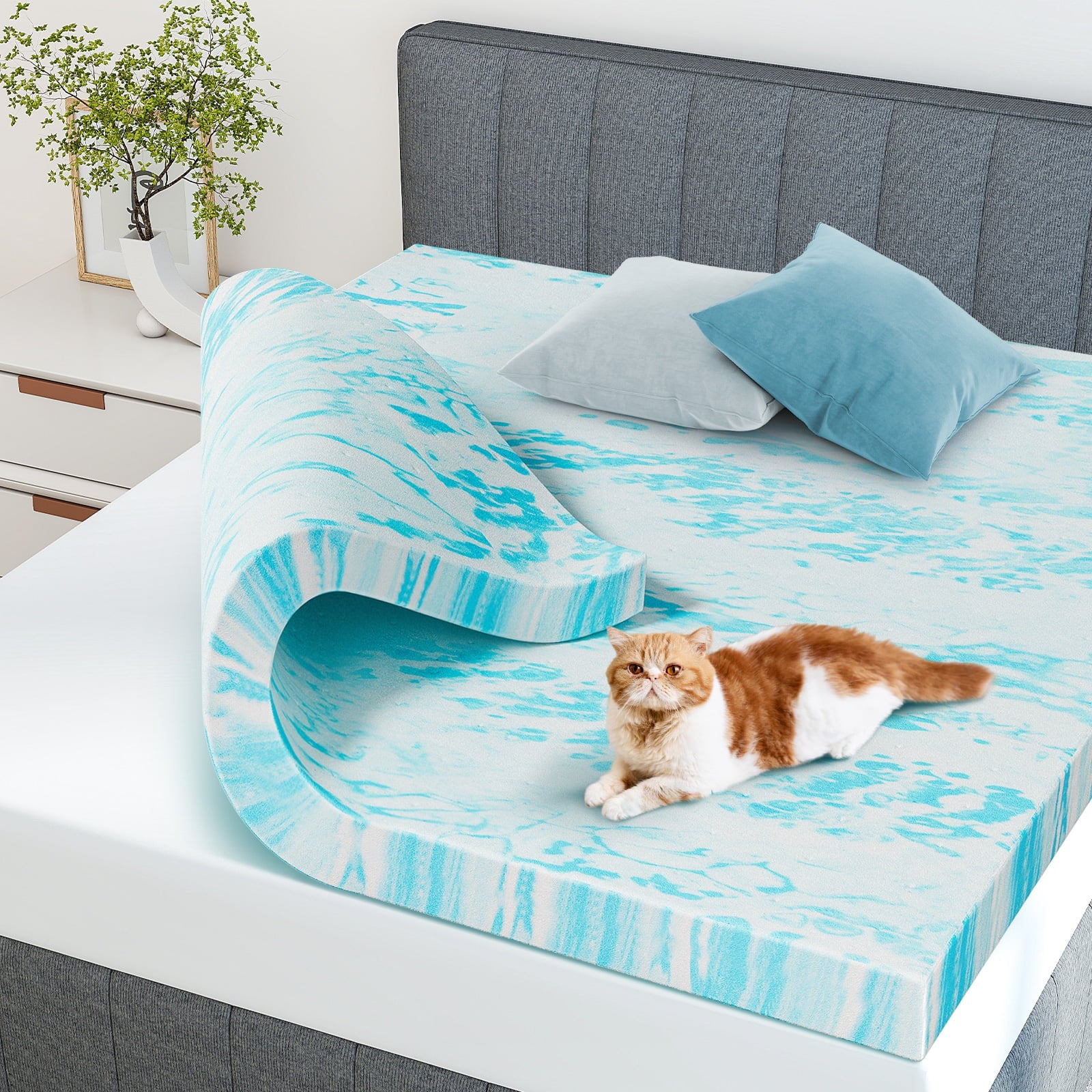 JIOABL  Memory Foam Mattress Topper with Cooling Gel, CertiPUR-US Certified, Pressure Relief & Breathable Comfort Bed Topper, Queen Size, 0 of 8     JIOABL JIOABL 4-Inch Memory Foam Mattress Topper with Cooling Gel, CertiPUR-US Certified, Pressure Relief